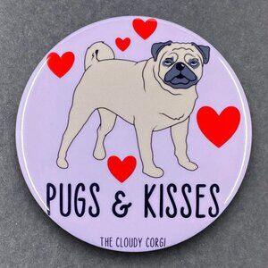 Pug Dog Kisses Pin Button, Magnet, Keychain, Bottle Opener or Mini Ornament
